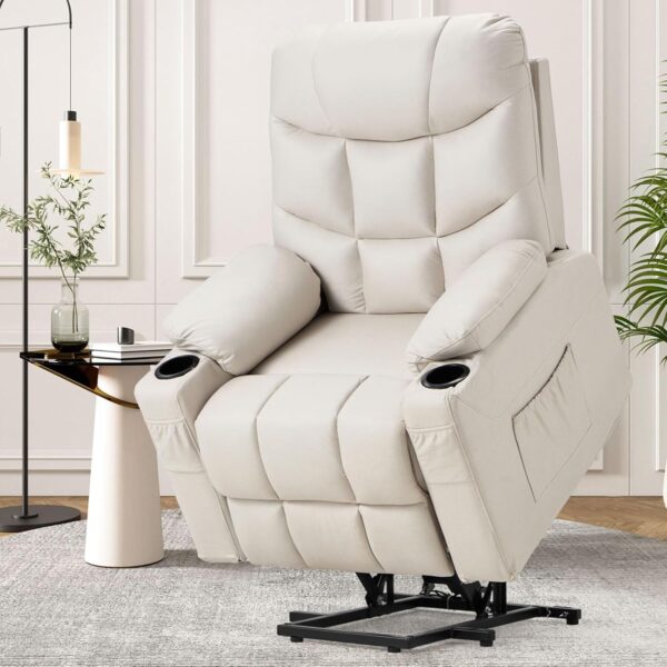 Esright Power Lift Recliner for Elderly, Electric Lift Chair with Heated Vibration Massage,Heavy Duty Electric Recliner with Side Pockets, USB Charge Port & Cup Holders, Cream Beige