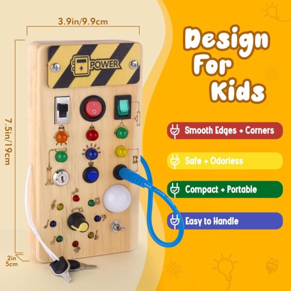 Montessori Wooden Busy Board with 8 LED Light switches, Sensory Toys Light Switch Travel Toys for 1+ Year Old Baby and Toddler - Image 4