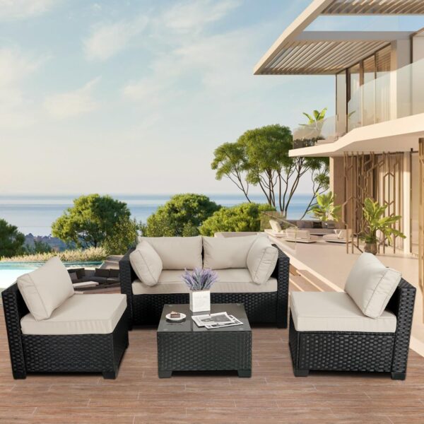 Outdoor Patio PE Wicker 5 Piece Furniture Set, Black Rattan Sectional Conversation Sofa Chair with Coffee Table,Khaki Cushion - Image 2