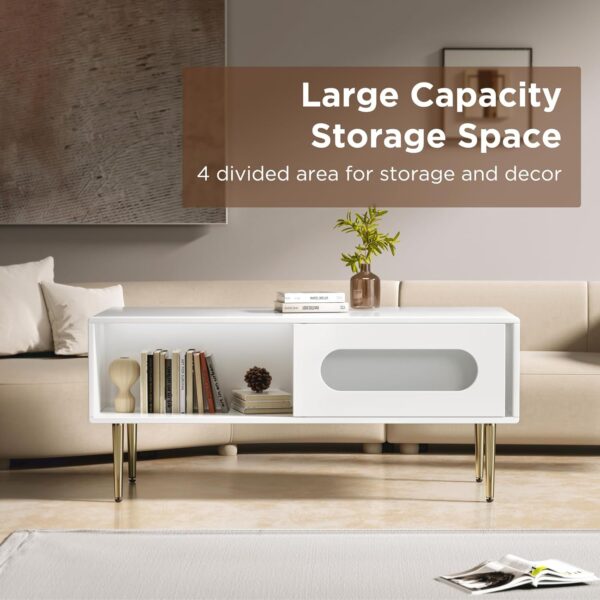 Coffee Table for Living Room 40.6inch LED Coffee Table Small White Coffee Table with Hidden Storage, High Glossy Modern Coffee Tables with Gold Metal Legs, Rounded Edges Home Accent Furniture - Image 5