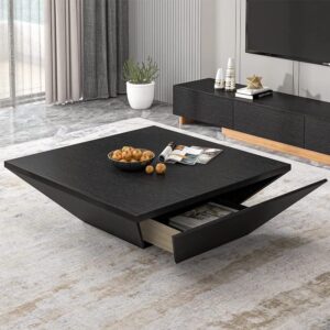 POVISON Modern Coffee Tables for Living Room, Square Coffee Table with Storage, Wood Coffee Table with Drawers, 39.4" Black Trapezoidal Living Room Tables for Home Office, Fully Assembled
