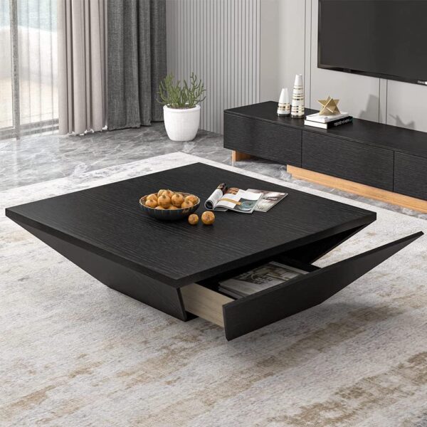POVISON Modern Coffee Tables for Living Room, Square Coffee Table with Storage, Wood Coffee Table with Drawers, 39.4" Black Trapezoidal Living Room Tables for Home Office, Fully Assembled