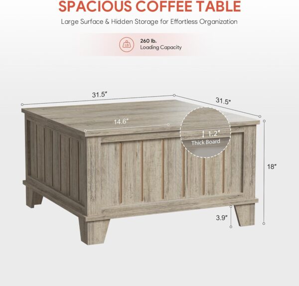 VONLUCE Farmhouse Coffee Table with Hidden Storage Compartments, 31.5 in Rustic Coffee Table with Hinged Flip Tops, Modern Square Center Table for Living Room Meeting Room, Light Rustic Oak - Image 4
