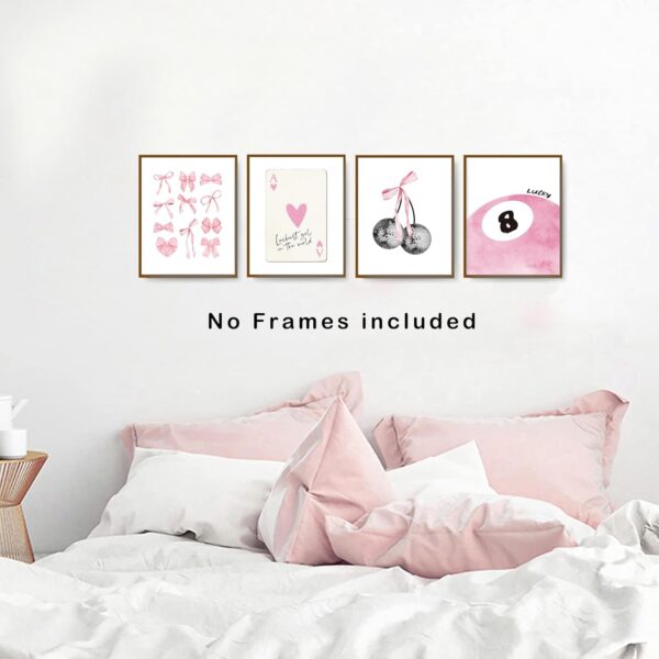 okaxscm Pink Coquette Trendy Preppy Wall Art Prints Set of 4, Coquette Room Decor, Preppy Room Decor Aesthetic, Pink Bow Disco 8 Ball Cherry Wall Decor Posters for Girls Bedroom Dorm, 8x10 Unframed - Image 4