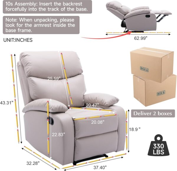 Manual Recliner Chairs for Adults, Lazy Boy Recliner Chair with Tech Cloth, Small Recliner Chair for Small Space, RV, Light Grey - Image 2