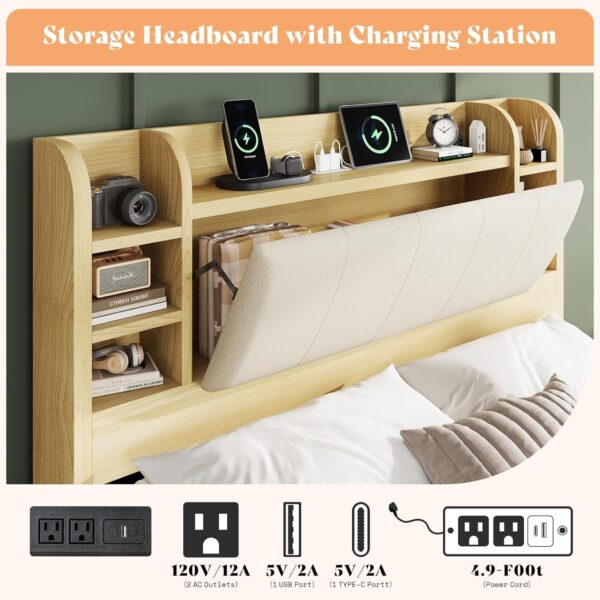 AMERLIFE Full Size Bed Frame with 4 Storage Drawers, Upholstered Bed Frame with 47.2" Bookcase Headboard, Wooden Platform Bed with Charging Station/No Box Spring Needed/Maple - Image 4