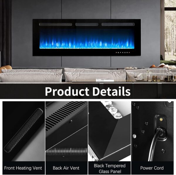 oneinmil Electric Fireplace, 50 inch Wide Recessed/Wall Mounted Electric Fireplace, Remote Control with Timer 12 Adjustable Color Flame, Remote Control,with Crystal Stone, 750/1500W - Image 5