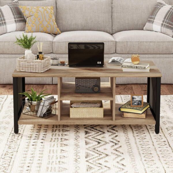 FATORRI Coffee Table for Living Room, Rustic Wood Center Table with Shelves, Farmhouse Rectangle Cocktail Tea Tables (Rustic Oak) - Image 4