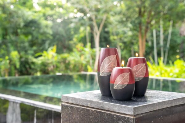IYARA CRAFT 3 Wooden Candle Holders Decorative Candle Holders with Beauty Decor Dry leaf – Intricate Details – Matte Wood Finish – Ideal for Modern & Rustic Settings 2 tones, red, black (Rugby Shape) - Image 6