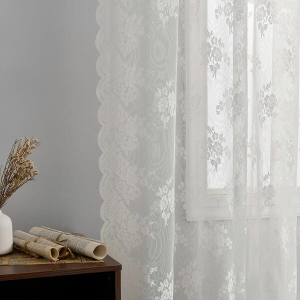 Kotile Short Lace Curtains 36 Inch Length 2 Panels Set, Country Rustic Floral Lace Kitchen Window Curtains Over Blinds, Rod Pocket Privacy Vintage Sheer Lace Café Curtains, Each 52 x 36 Inch, Ivory - Image 3