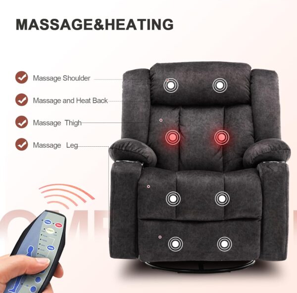 COMHOMA Recliner Chair Massage Rocker with Heated 360 Degree Swivel Lazy Boy Recliner Single Sofa Seat with Cup Holders for Living Room (Gray) - Image 7
