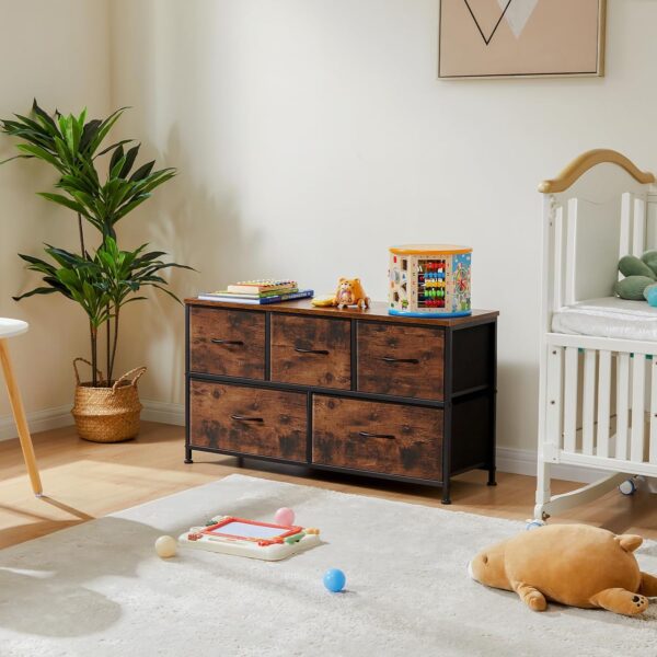 OLIXIS Organizer Storage 5, Chest of Drawers with Fabric Bins, Long Dresser with Wood Top for Bedroom, Closet, Entryway, 11.87" D x 38" W x 20.87" H, Rustic Brown - Image 4