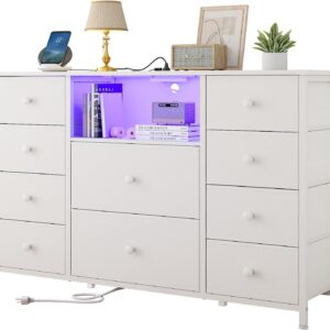 LDTTCUK Dresser with Charging Station and LED Lights, Long Dresser for Bedroom Dresser TV Stand with 10 Drawers, Fabric Chest of Drawers with PU Finish, Wide Dresser Storage Organizer, White