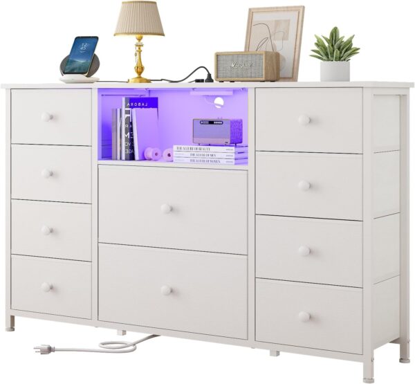 LDTTCUK Dresser with Charging Station and LED Lights, Long Dresser for Bedroom Dresser TV Stand with 10 Drawers, Fabric Chest of Drawers with PU Finish, Wide Dresser Storage Organizer, White