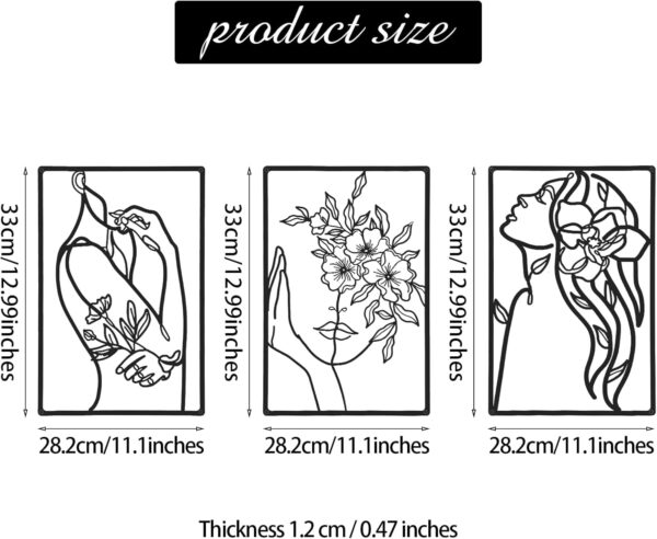 CHENGU 3 Pieces Metal Minimalist Abstract Woman Wall Art Line Drawing Wall Art Decor Single Line Female Home Hanging Wall Art Decor for Kitchen Bathroom Living Room (Flower) - Image 4