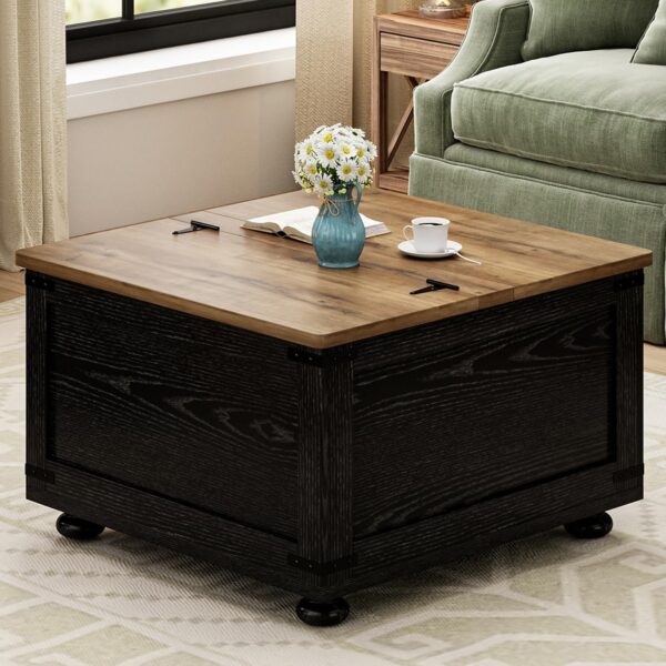 Farmhouse Lift Top Coffee Table with Storage, Black Lift Top Coffee Table with Hydraulic Gas Rod, Large Lift Square Top Coffee Table with Wood Gourd Feet, Coffee Table with for Living Room - Image 2