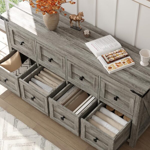 EnHomee Dresser for Bedroom, 59.1" W Wood Farmhouse 8 Drawers Dresser for 70" TV Stand, Long Dresser & Chest of Drawers for Closet, Living Room, Hallway,Entryway,Dorm,Grey Pine - Image 4