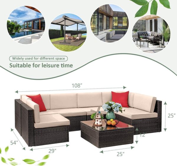 Devoko 7 Pieces Outdoor Sectional Sofa Patio Furniture Sets Manual Weaving Wicker Rattan Patio Conversation Sets with Cushion and Glass Table (Beige) - Image 6