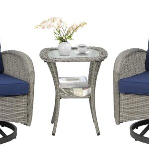 Outdoor Swivel Chairs 3 Piece Wicker Rocking Charis Set Patio Furniture Set with Rattan Side Table, Rocker Bistro Sets for Outside Porch Deck Garden Backyard, Gray Blue