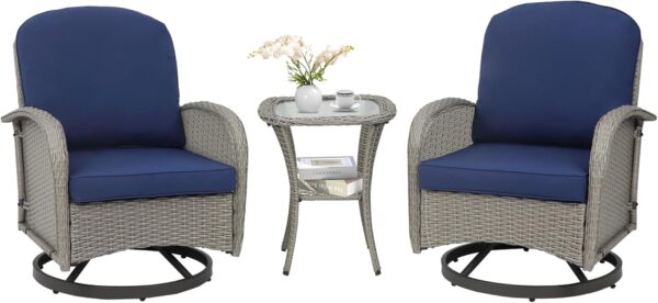Outdoor Swivel Chairs 3 Piece Wicker Rocking Charis Set Patio Furniture Set with Rattan Side Table, Rocker Bistro Sets for Outside Porch Deck Garden Backyard, Gray Blue
