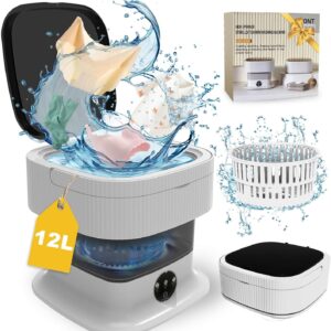 Portable Washing Machine, 12L Large Capacity, Foldable Mini Washer and Dryer, Compact Folding Small Laundry Washer for Socks, Baby Clothes, Underwear, Towel, Dorm, Camping, RV, Apartment, Travel, Grey
