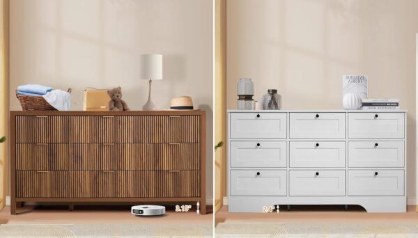 Mid Century Modern Dresser TV Stand, 9 Drawer Dresser for Bedroom Wood, Farmhouse Boho Storage Cabinet Side Table with Solid Natural Wood Legs, Long Wooden Dresser for Closet (Walnut) - Image 5