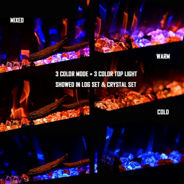 Luxurious 60" Electric Fireplace, Wall Mounted&in Wall Recessed Fireplace Heater, Adjustable Flame Color & Top Light, Remote&Touch Control with Timer&Thermostat, Log & Crystal Set - Image 4