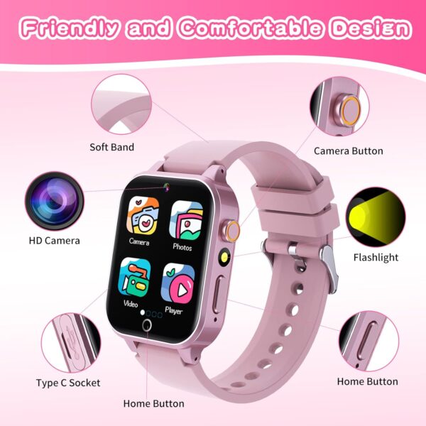 Kids Smart Watch Gift for Girls Age 5-12, 26 Games HD Touch Screen Watches with Video Camera Music Player Pedometer Flashlight 12/24 hr Educational Toys Birthday Gifts for Girls Ages 7 8 9 10 - Image 7