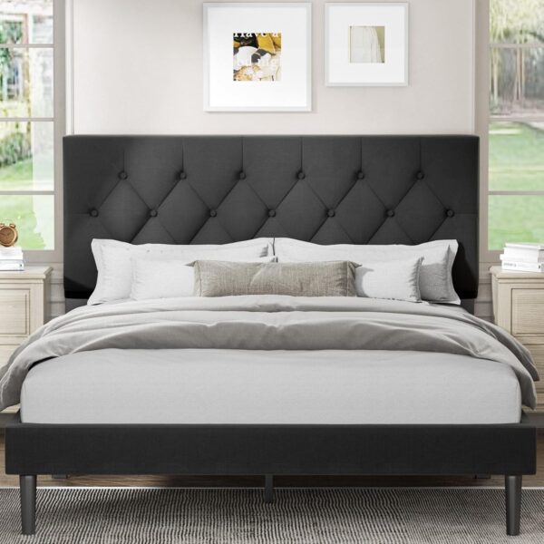 Queen Size Platform Bed Frame with Upholstered Headboard, Button Tufted Design, No Box Spring Needed, Dark Grey