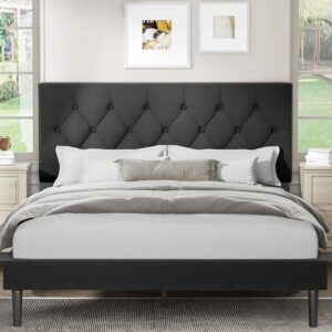 Full Size Platform Bed Frame with Upholstered Headboard, Button Tufted Design, No Box Spring Needed, Dark Grey