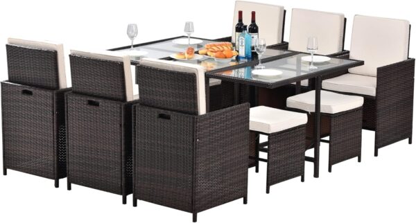 Outdoor Garden Patio Furniture 11 Piece Cushioned PE Rattan Wicker Dining Set，outdoor dining set； 10 person dining table；outdoor dining table for 8；wicker ottoman；patio dining set，save space dining