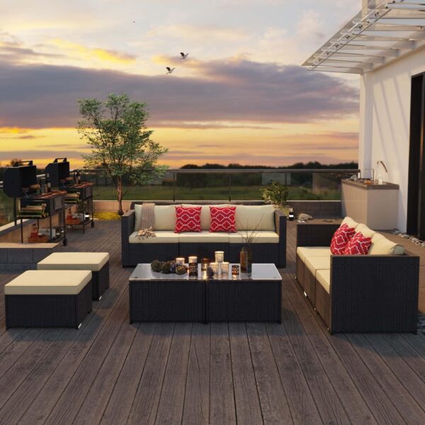 Aiho Patio Furniture Set All Weather Outdoor Sectional Patio Sofa Set Wicker Patio Furniture with Tempered Coffee Table, for Backyard Porch Poolside, Beige - Image 4