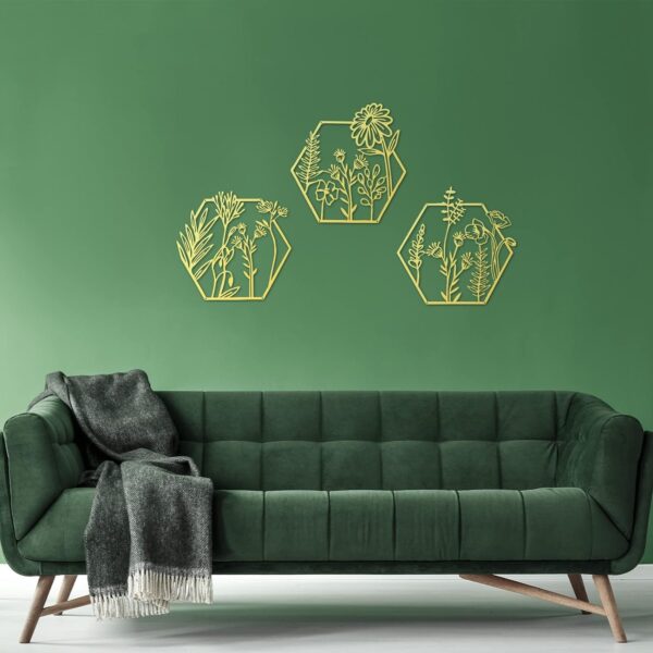 Peryiter 3 Pcs Metal Flower Wall Decor Minimalist Floral Wall Hanging Decor Flower Metal Wall Art Floral Metal Wall Decor for Living Room, Bathroom, Kitchen Indoor Outdoor (Gold) - Image 4