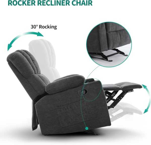 DWVO Manual Recliner Chair with Massage and Heat, Fabric Recliner Chair with Overstuffed Armrest, Rocking Recliner with 2 Cup Holders, USB Charge Port and Side Pocket for Living Room, Grey - Image 4