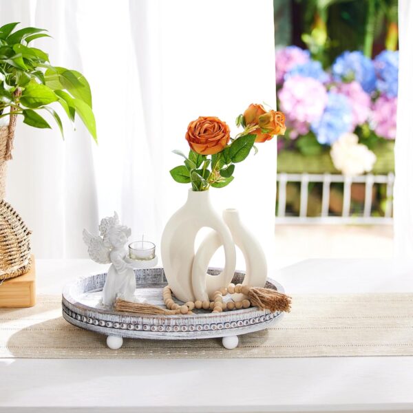 Wooden Decorative Tray-16×11.8" Oval Coffee Table Tray Kitchen Dining Table Centerpiece Decoration Holder Tray,Whitewashed Beaded Farmhouse Tray for Home Easter Thanksgiving Table Decor - Image 4