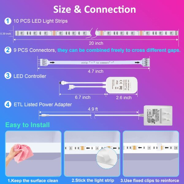 maylit 10 PCS Smart RGB Under Cabinet Lights Kit, Work with Alexa and Google Assistant, App and Remote Control, Music Sync Color Changing, Timer, Dimmable, for Cabinet, Counter, Shelf, Bookcase - Image 6