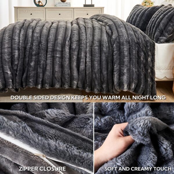 Fluffy Faux Rabbit Fur Comforter Cover Set King Size - Ultra Soft Plush Bedding Set - Luxury Striped Gray Fuzzy Duvet Cover - 3PC(Duvet Cover x1 Pillow Shamsx2) - Zipper Closure - Image 7