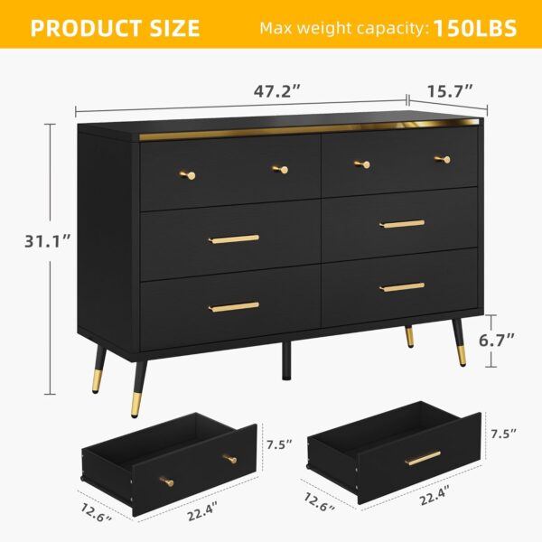 DWVO Black 6 Drawer Dresser, 47" W Large Double Dresser Chest of Drawers, Modern Wood Storage Dresser Organizer with Golden Metal Handles & Anti-Tipping Device for Hallway, Entryway, Dresser Room - Image 2