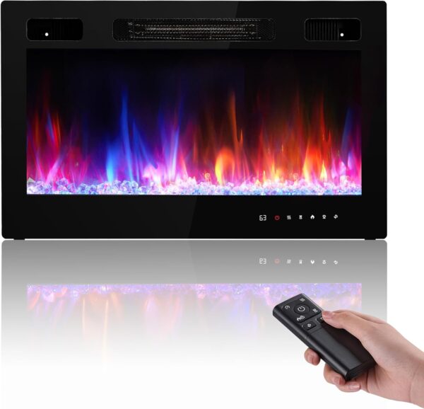 Electric Fireplace Insert 36" Realsmart 1500W Wall Mounted Electric Fireplaces with Recessed Heaters, Remote Control, Slim Black Fireplace Screen, Timer, 12 Flame Colors LED Decor, Low Noise