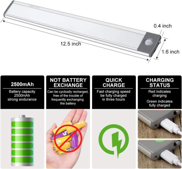 54-LED Motion Sensor Cabinet Light,Under Counter Closet Lighting, Wireless USB Rechargeable Kitchen Night Lights,Battery Powered Light,Uniform Light for Wardrobe,Cabinet,Cupboard（warm light）-2Pack - Image 2