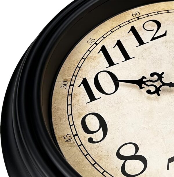 Plumeet Retro Wall Clock, 12'' Non Ticking Classic Silent Vintage Wall Clocks Decorative Kitchen Living Room Bedroom - Battery Operated, Black - Image 3