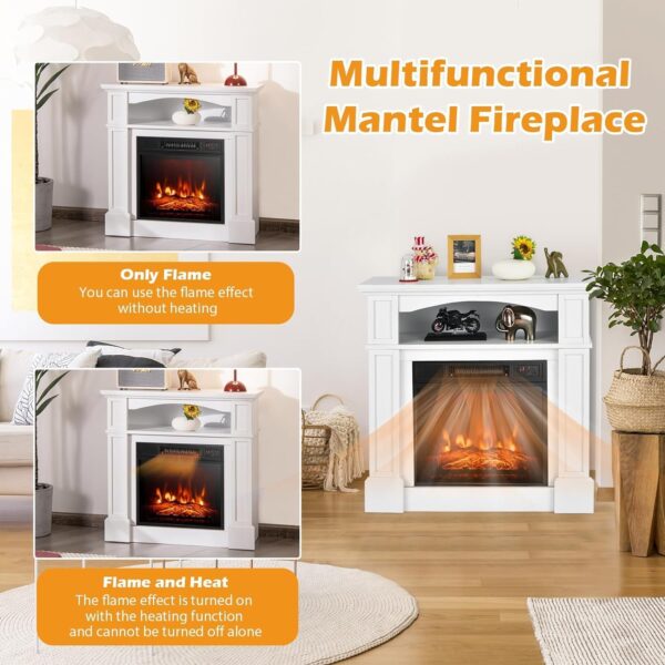 Electric Fireplace with Mantel, 32’’ Freestanding Fireplace Realistic Flame with Thermostat, 3 Brightness & Remote Control, Electric Fireplace Heater with Temperature Control & Timer (White) - Image 6