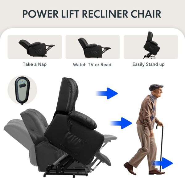 FLEXISPOT XL31 Power Lift Recliner Chair for Elderly, Oversized Electric Leather Lift Chair with Cup Holders, Side Pockets, Massage Reclining Chair Sofa for Living Room Bedroom (Black) - Image 4