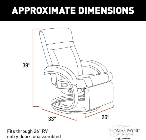 Thomas Payne RV Euro Recliner with Footrest, 360-Degree Swivel, Manual Recline, Measures 26" W x 33" D x 39" H, PolyHyde Vinyl Fabric, Grummond - 2020129901 - Image 3