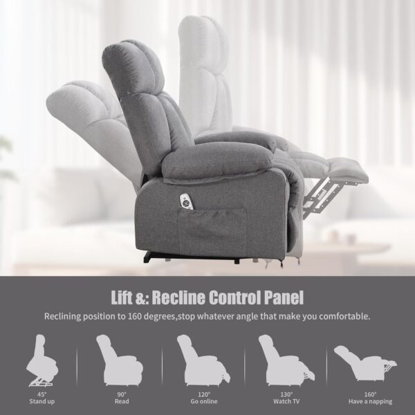 Oversized Power Lift Recliner Chair for Elderly, Big and Tall Lift Chair with Massage and Heat for Living Room, Fabric Electric Recliner Chairs with 4 Side Pockets, USB Charge Port, Grey - Image 4