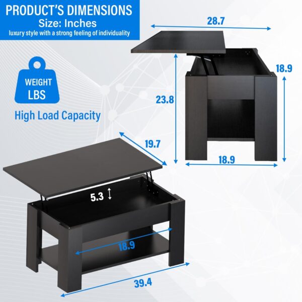 MGHH Lift Top Coffee Table with Hidden Storage Compartment & Open Shelves, 39" Rising Tabletop Table for Living Dining Room，Black - Image 2