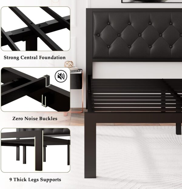 Feonase Queen Size Metal Bed Frame with Faux Leather Button Tufted Headboard, Heavy-Duty Platform Bed Frame with 12" Storage, Steel Slats Support, No Box Spring Needed, Noise Free, Black - Image 7