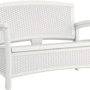 Suncast Elements Stylish Lightweight Loveseat Outdoor Seating with Convenient Built In Universal Storage, and All Weather Plastic, White