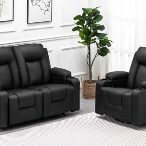 COMHOMA Recliner Chair Set，Furniture Bonded Leather Recliner Set Living Room Set, Sofa, Loveseat, (Black, Living Room Set 2+1)
