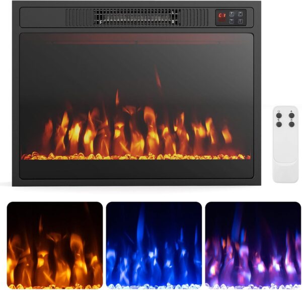COSTWAY 23 Inches Electric Fireplace Insert, 750W/1500W Fireplace Heater with Remote Control, Adjustable Flame Color & Brightness, 1H-8H Timer, Thermostat and Overheat Protection
